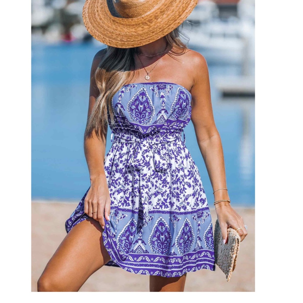 Blue and White Strapless Dress